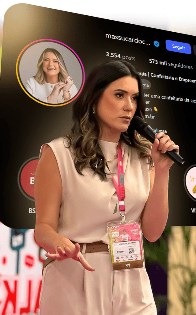 Mari, fundadora da Massucar Doceria, palestrando